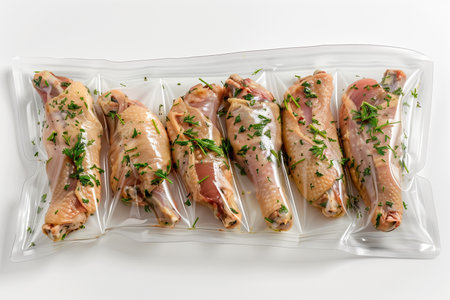 Chicken legs in vacuum packaging on a white table. Close-up.の素材