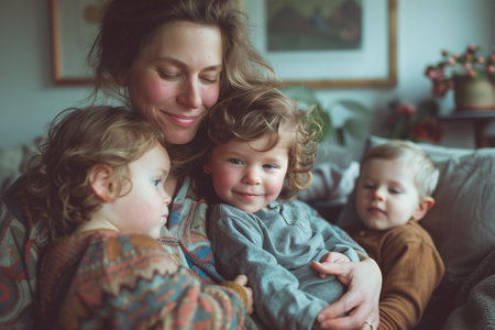 A woman holds two children in her arms, one is sitting on the sofa.の素材