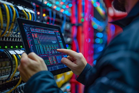 IT professional using tablet PC with data on screen and connecting cables in server room.の素材