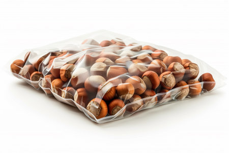 A plastic bag filled with various nuts sits atop a wooden table, ready to be enjoyed as a snack or used for baking and cooking.の素材