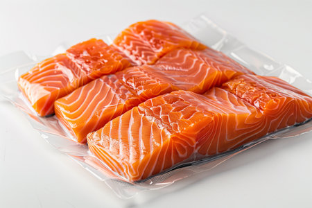 Several salmon fillets neatly arranged in a plastic bag on a clean white surface, ready for cooking or storage.の素材