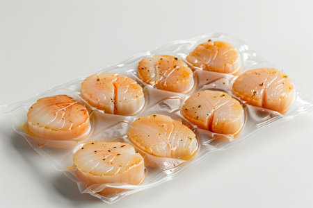 Sea scallops in vacuum packaging on a white table. Close-up.の素材