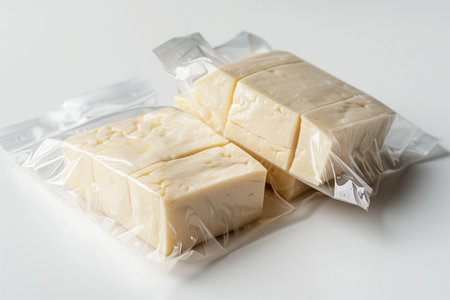 Three pieces of cheese, individually wrapped in plastic, arranged neatly on a white surface.の素材