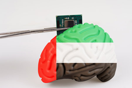 On a white background, a model of the brain with a picture of a flag - UAE, a microcircuit, a...