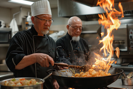 Chef teaching colleague flaming food in wok at kitchen.の素材