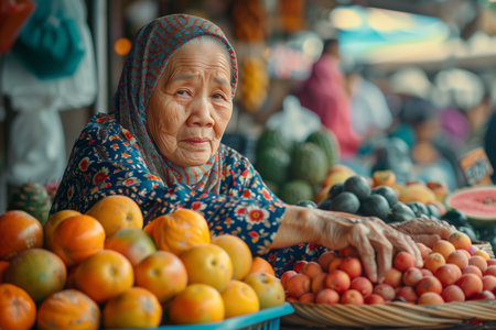 An elderly woman is standing in front of a display of fresh fruits at a market.の素材