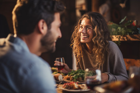 A man and a woman are seated at a table, both engaging with the food placed in front of them.の素材