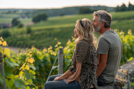 Contemplative mature couple sitting on wall in vineyard.の素材