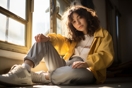 A woman is seated on the floor in front of a window, looking outside.の素材