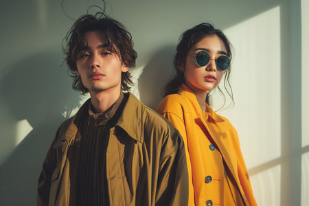 A man and a woman are standing side by side, looking towards the camera.の素材