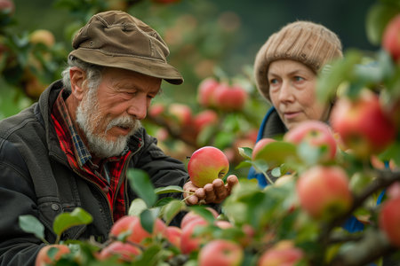 Fruit producers check the quality of apples in their orchards.の素材