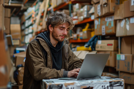 Young man working on laptop under stack of cardboard boxes.の素材