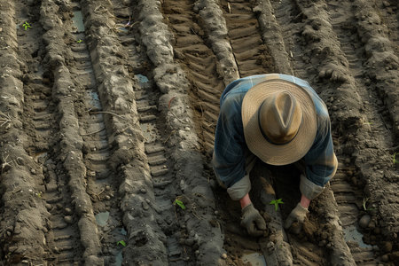 A man wearing a hat is working diligently in a vast field, tending to crops and the land.の素材