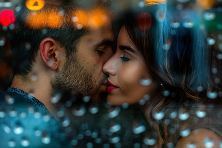 A man and a woman embracing and kissing passionately under heavy rain.の素材