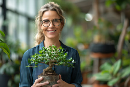 A woman holding a small potted plant in her hands, showing the green leaves and soil.の素材