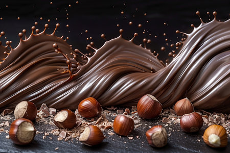 A chocolate bar covered with various nuts on top, ready to be enjoyed as a delicious snack.の素材
