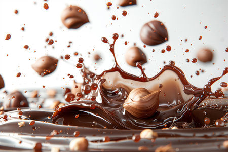 A stream of chocolate liquid forcefully splashes into a body of water, creating ripples and blending with the clear liquid.の素材