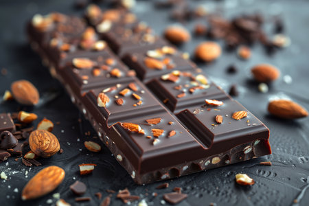 A detailed view of a chocolate bar filled with crunchy nuts, showing the rich texture and flavors of the treat.の素材