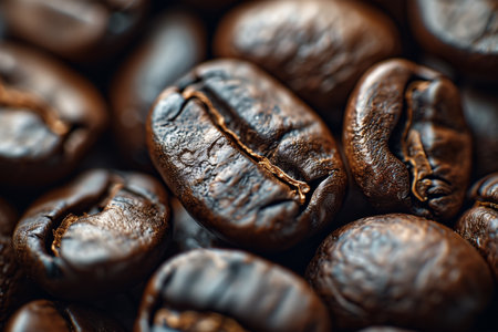 A heap of freshly roasted coffee beans, rich in color and aroma, sits prominently in a close-up view.の素材