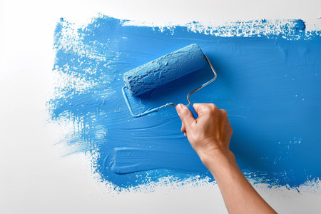 A person is painting a wall with blue paint, using a brush to cover the surface evenly and meticulously.の素材