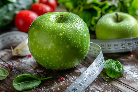A vibrant green apple rests on a rustic wooden table, creating a simple yet striking contrast between the fresh fruit and natural wood.の素材