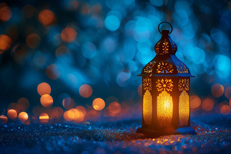 A lantern emits a warm glow on a snow-covered ground, providing light in the wintry landscape.の素材