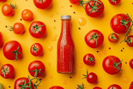 A bottle of tomato sauce is placed in the center, with ripe tomatoes surrounding it.の素材