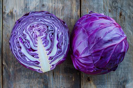 Close-up view of two fresh cabbages placed on a wooden surface.の素材