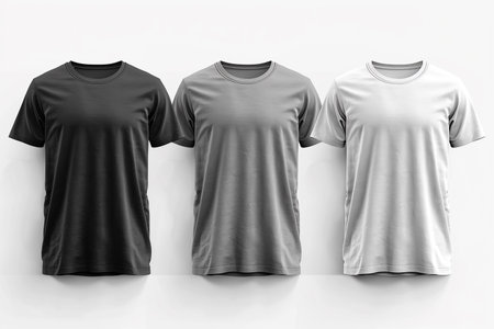 Three plain t-shirts in varying shades from black to white are displayed side by side against a clean white background, showing different color options.の素材