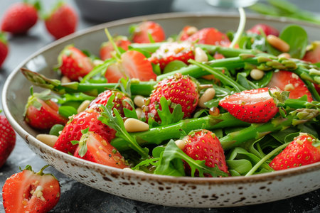 Salad of green asparagus, rocket, strawberries and pine nuts.の素材