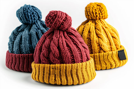 Three knitted hats in different colors displayed together.の素材