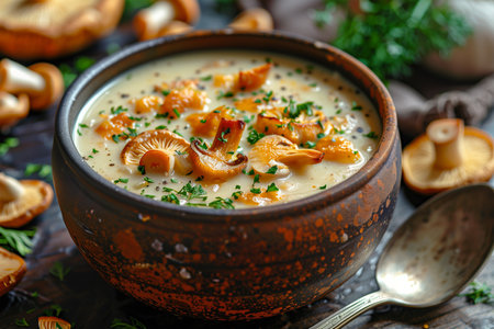 Soup bowl of cream of chanterelle soup, spoon and chanterelles on dark wood.の素材