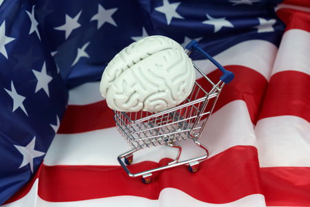 A shopping cart with a brain displayed prominently in front of an American flag, symbolizing the intersection of consumerism and patriotism.の写真素材