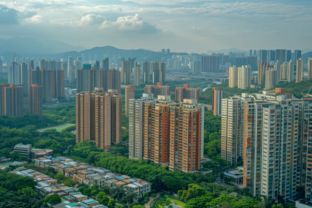 A cityscape dominated by tall skyscrapers interspersed with numerous trees, creating a unique blend of urban architecture and natural elements.の素材