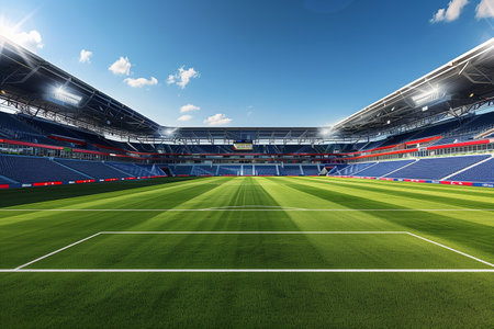 A soccer stadium filled with enthusiastic fans eagerly watching a game, cheering, and waving flags under the stadium lights.の素材