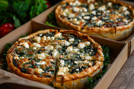 Box of vegetarian galettes with chard and feta cheese.の素材