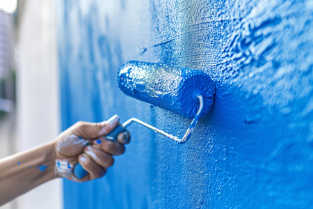 A person is actively painting a wall blue using a paint roller.の素材