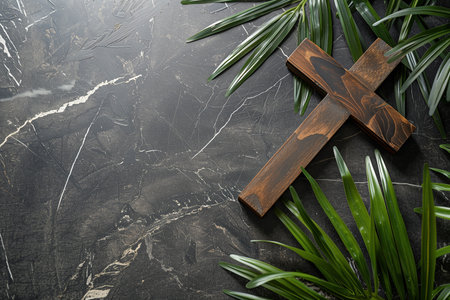 A wooden cross is placed on top of a table.の素材