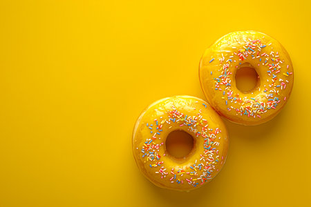 Two vibrant yellow donuts covered with colorful sprinkles on a matching yellow background.の素材