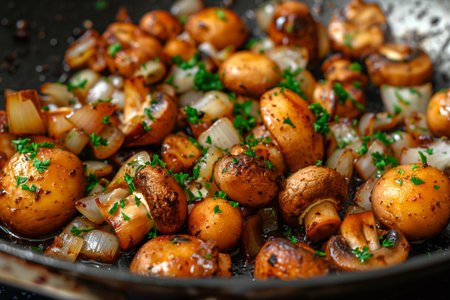 Fried champignons and king trumpet mushrooms with onions and parsley in pan.の素材