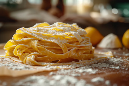Fresh tagliatelle and flour on baking paper.の素材