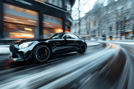 A sleek black sports car speeds down a bustling city street, surrounded by tall buildings and other vehicles.の素材
