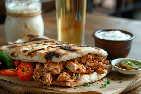Hatay style chicken doner, with small pickled peppers and a glass of ayran.の素材