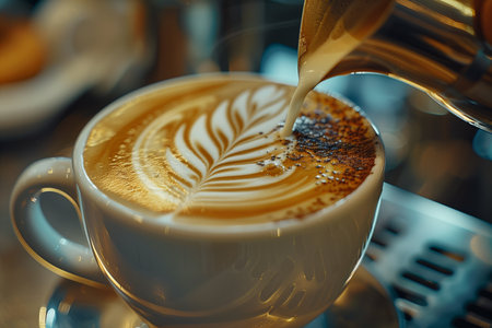Hand is shown pouring a cappuccino into a cup of coffee creating a layered effect with creamy foam on top of rich espresso.の素材