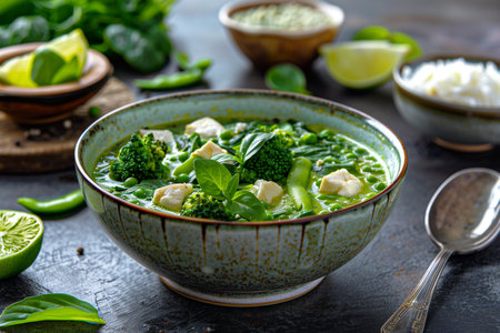 Green thai curry with broccoli, pak choi, snow peas, baby spinach, lime, broccoli and sauce on spoon. close-upの素材