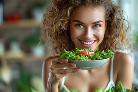 A young and happy woman eats a healthy salad.の素材