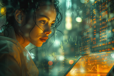 A woman stands in the rain, focused on a computer screen as droplets fall around her.の素材
