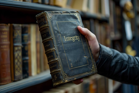 A man is holding a book with the inscription - Integrity. Close-upの素材