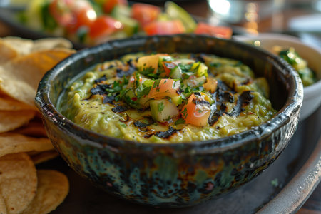 Guacamole with grilled green tomatoes, cucumber and tortilla chips.の素材