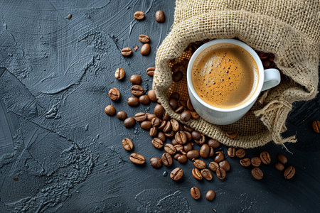 A ceramic cup filled with coffee sits atop a burlap sack overflowing with coffee beans, showing the aromatic and inviting essence of freshly brewed coffee.の素材